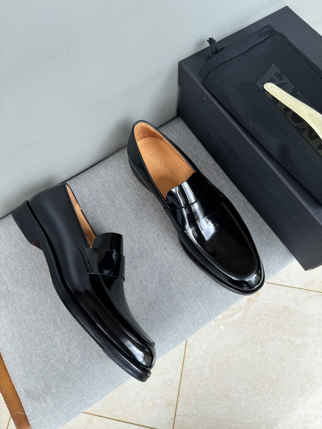 Zegna Glossy Black Leather Loafers — front