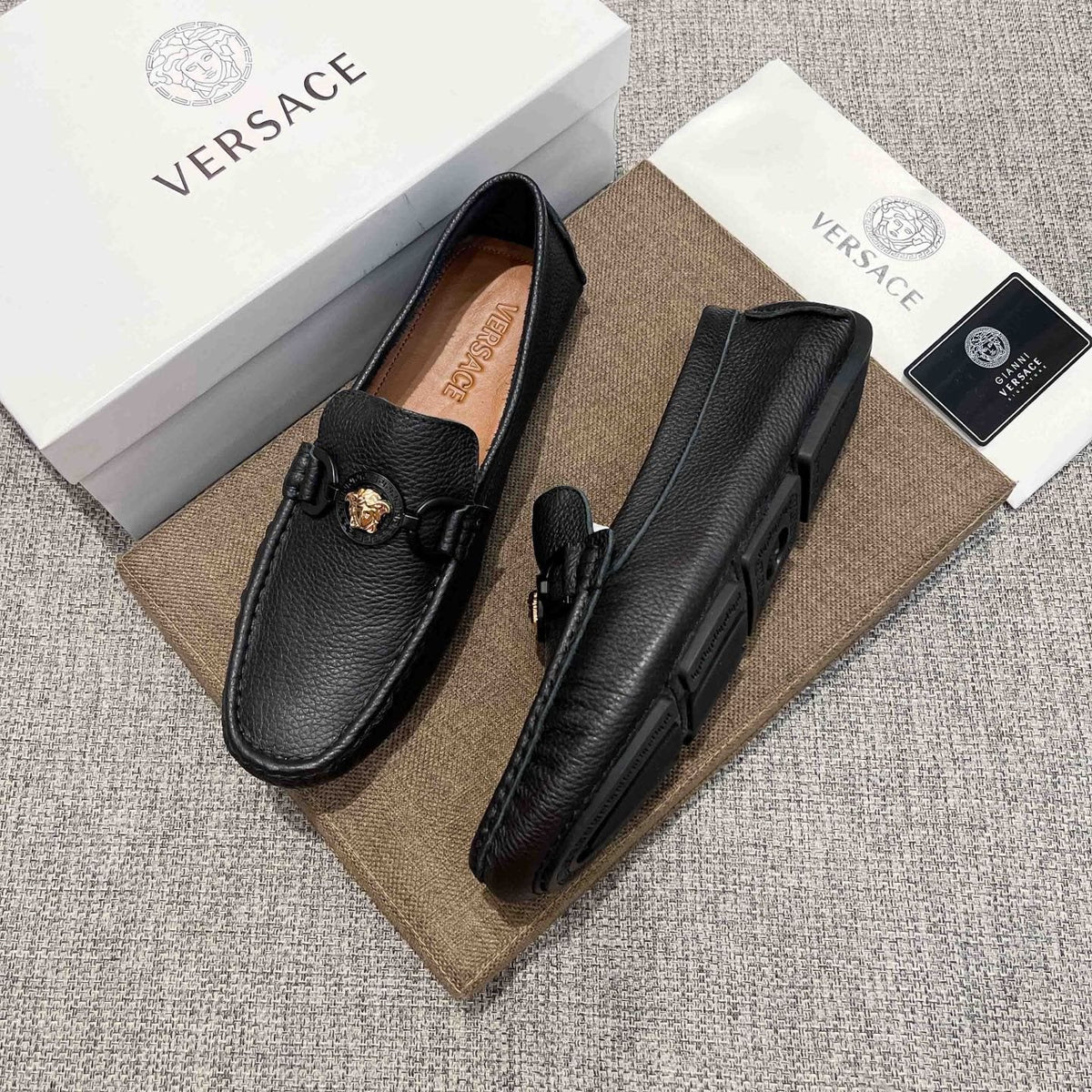 Versace Black Gold-Emblem Slip-On Loafers — side