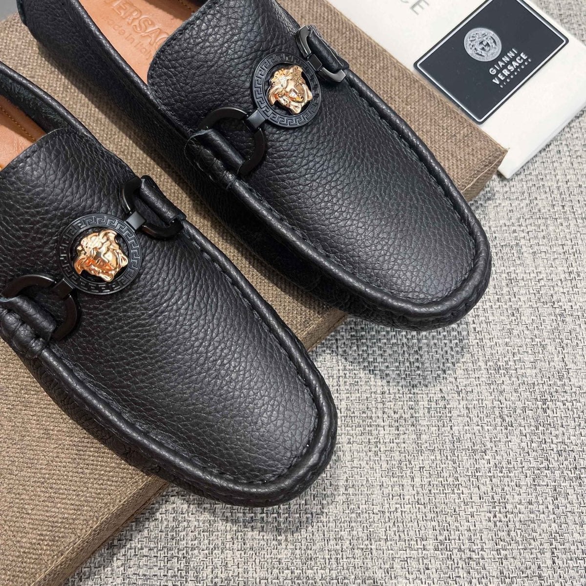 Versace Black Gold-Emblem Slip-On Loafers — detail