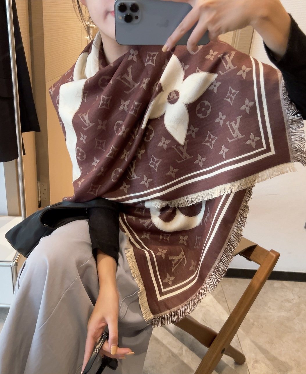 Louis Vuitton Brown & Cream Monogram Square Scarf — model