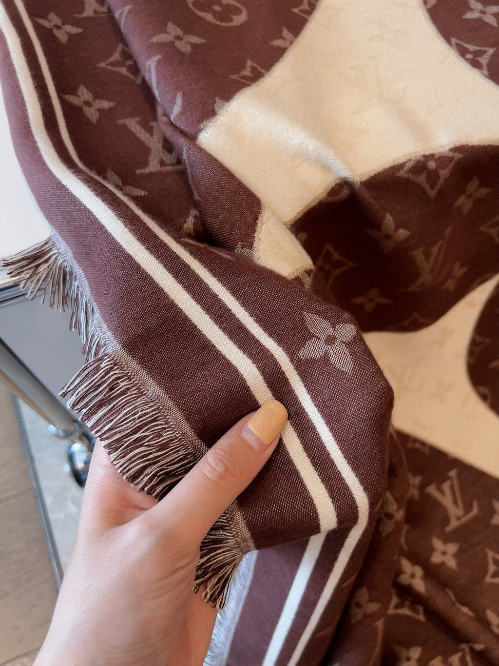 Louis Vuitton Brown & Cream Monogram Square Scarf — detail