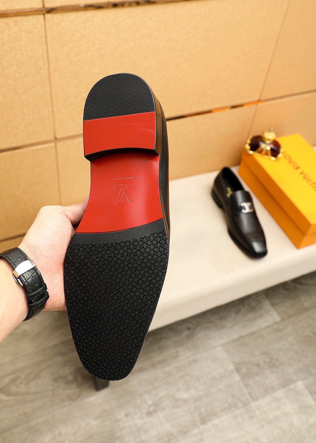 Louis Vuitton Black Metal-Accent Loafers — detail