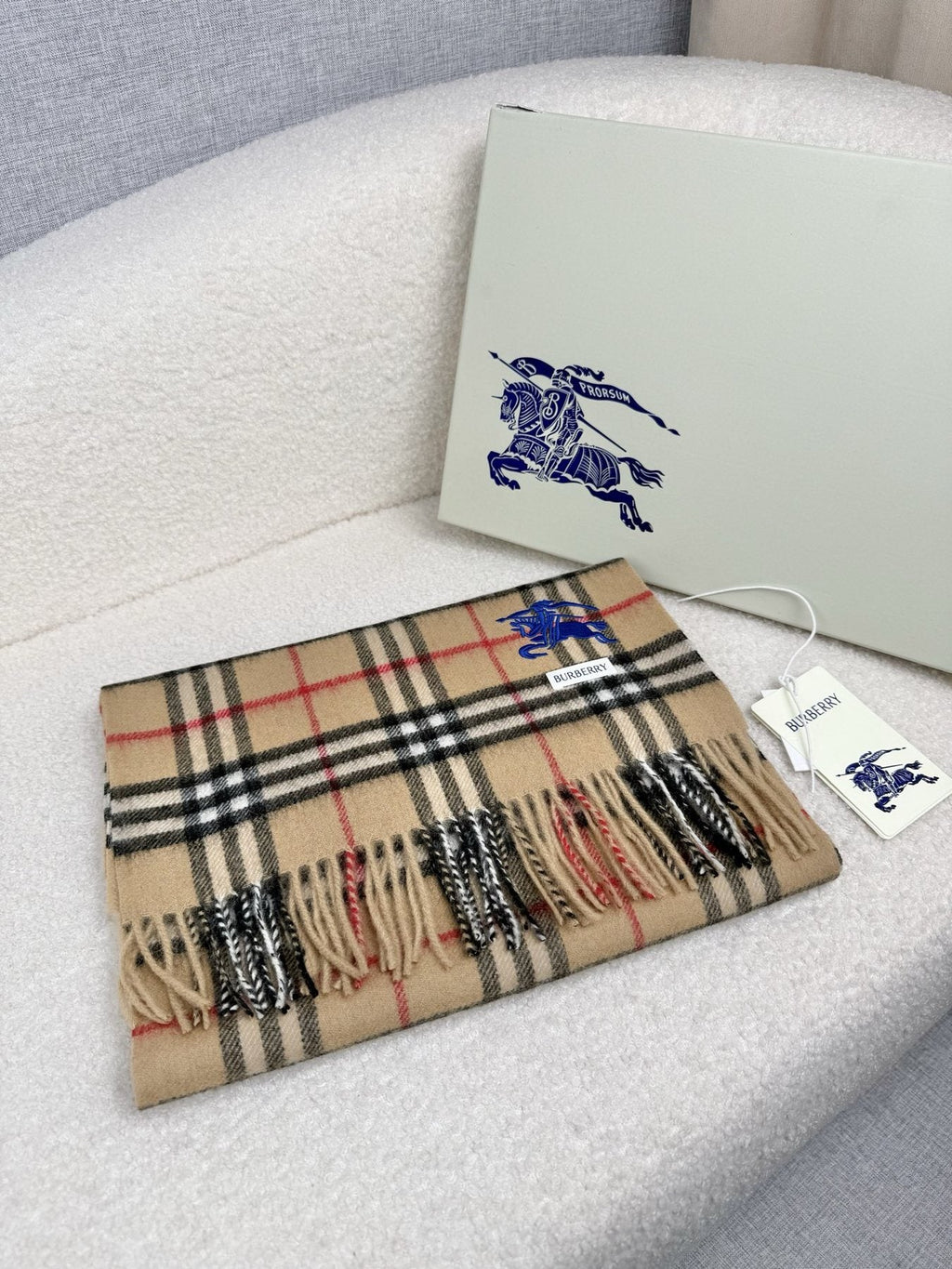 Burberry Beige Plaid Fringe Scarf — front