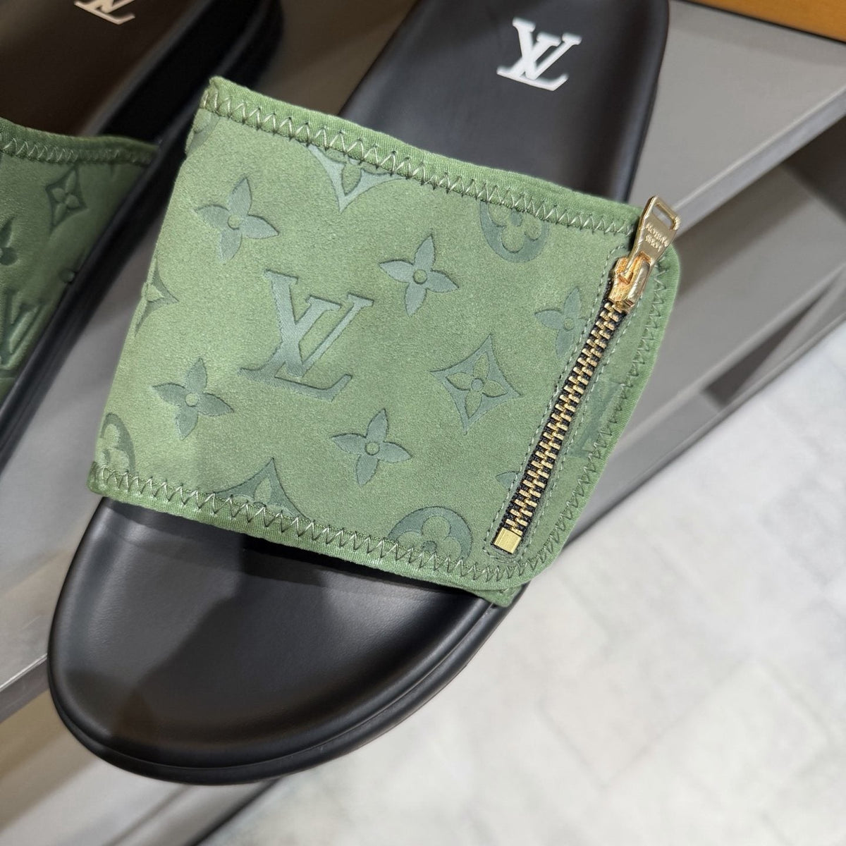 Louis Vuitton Light Green Patterned Slide Sandals — front