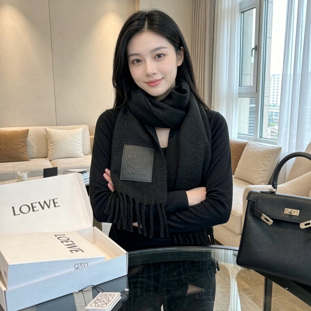 Loewe Black Fringed Scarf — model