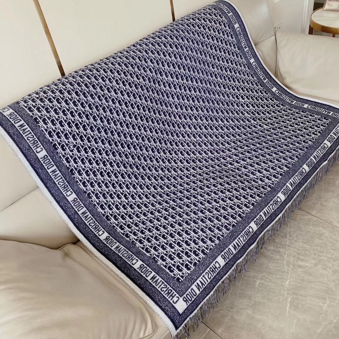 Dior Navy Blue & Ivory Fringed Scarf — hero