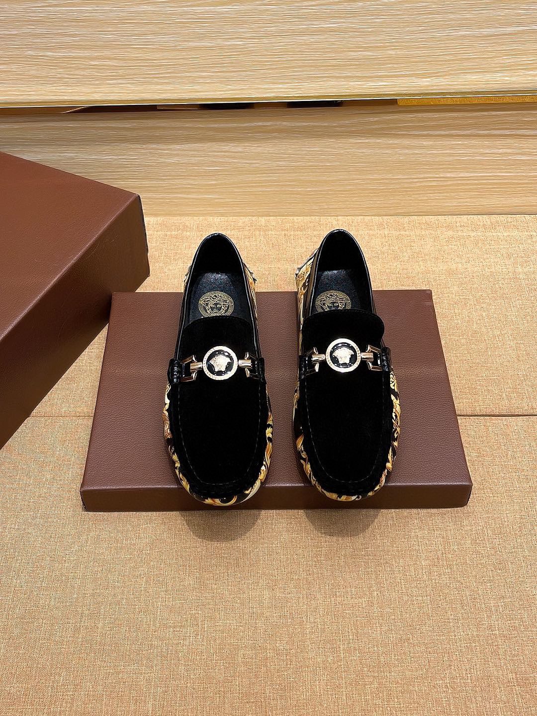 Versace Black and Gold Loafers — front