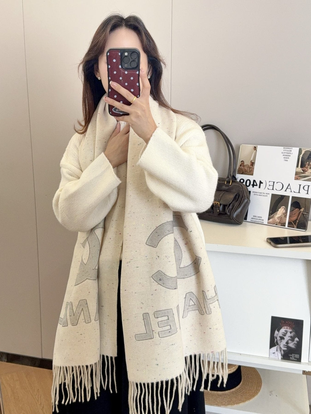 Chanel Double-C Motif Fringed Scarf — model