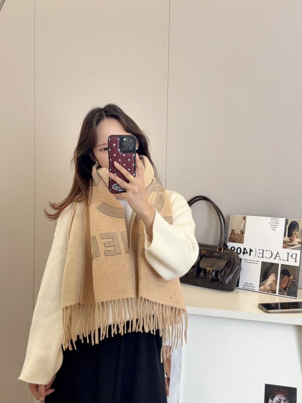 Chanel Double-C Motif Fringed Scarf — model
