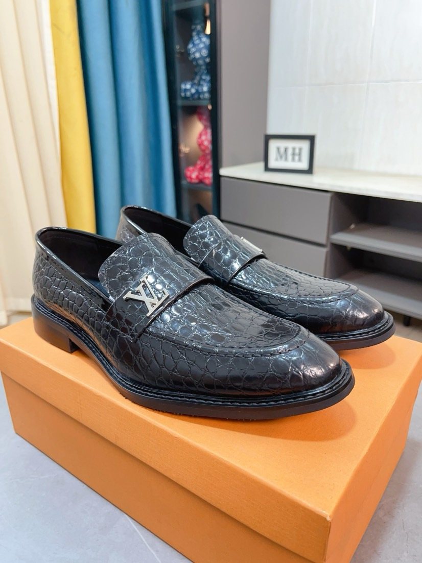 Louis Vuitton Black Embossed Loafers — front