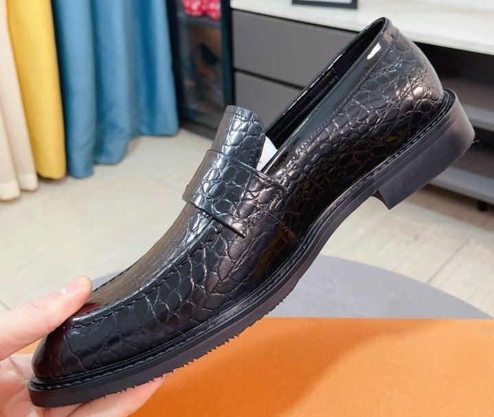 Louis Vuitton Black Embossed Loafers — front