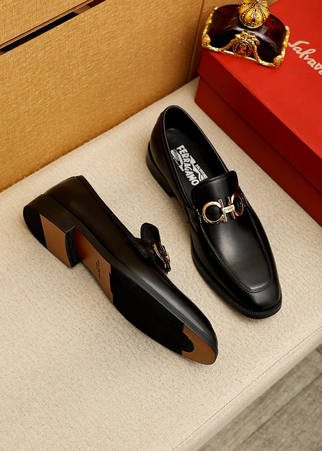 Ferragamo Black Hardware Loafers — front