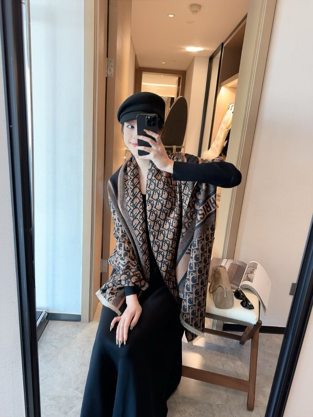 Dior Monogram Fringe Scarf — model