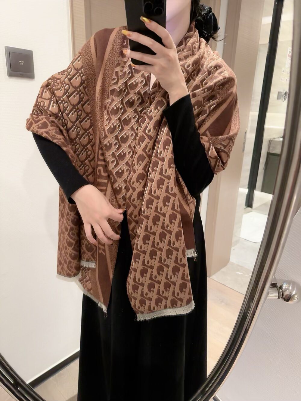 Dior Monogram Fringe Scarf — model