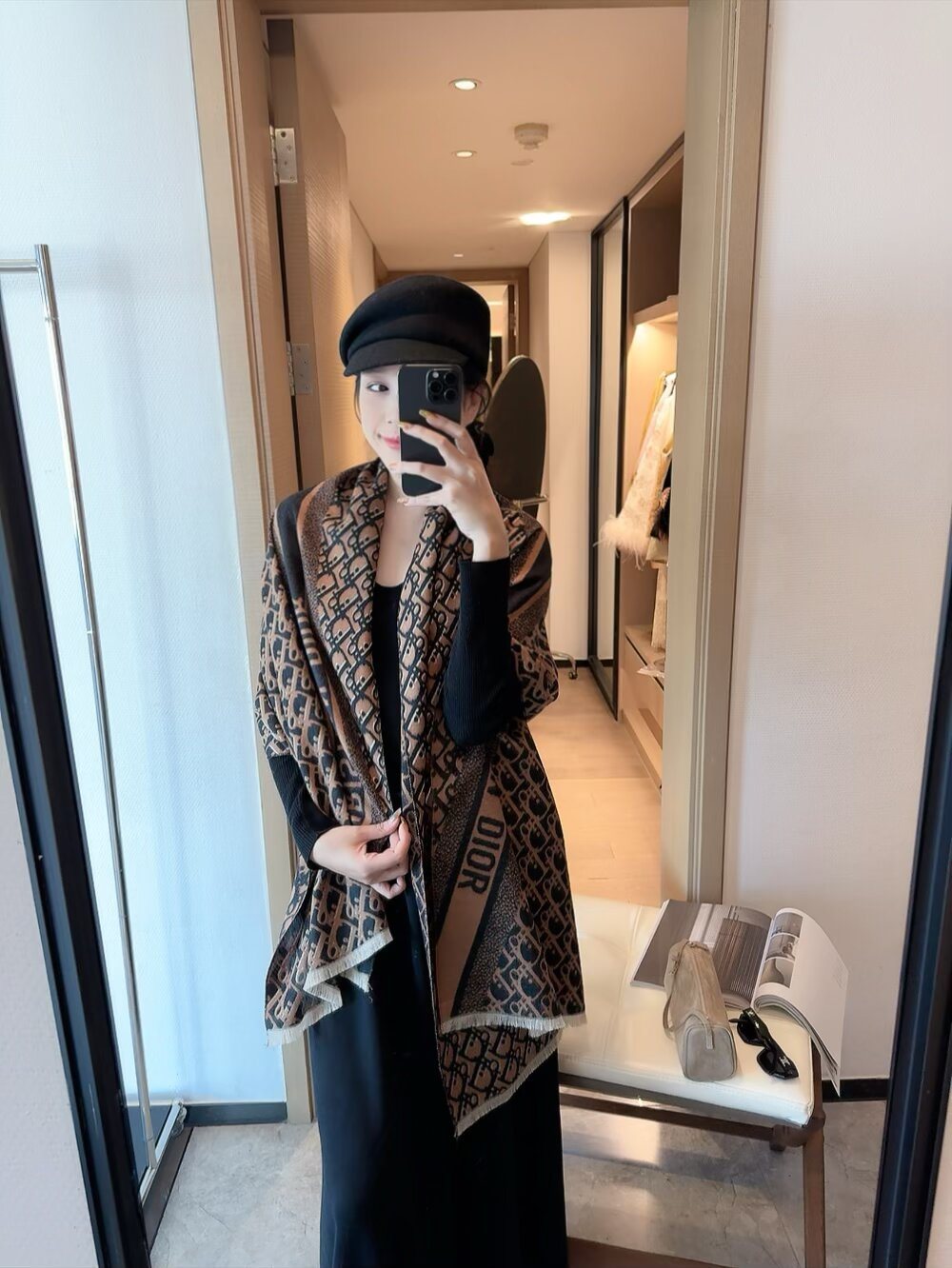 Dior Monogram Fringe Scarf — model