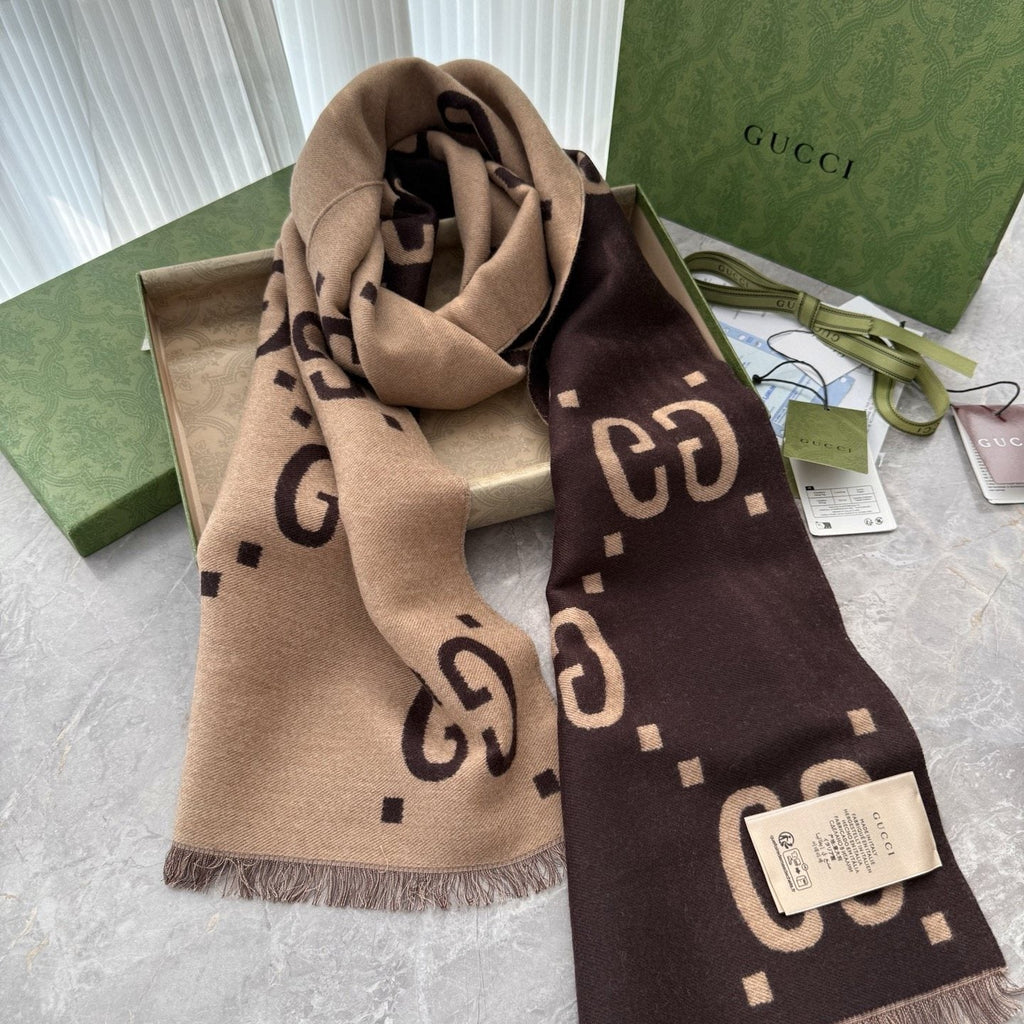 Gucci Dark Brown & Beige Fringed Scarf — side