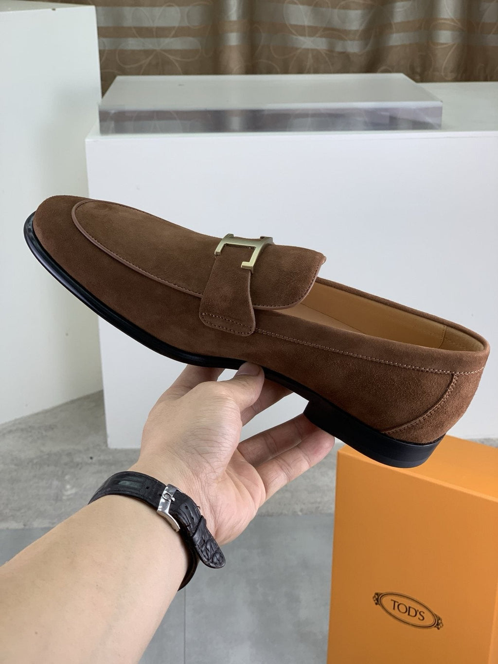 TODS Brown Suede T-Hardware Loafers — side