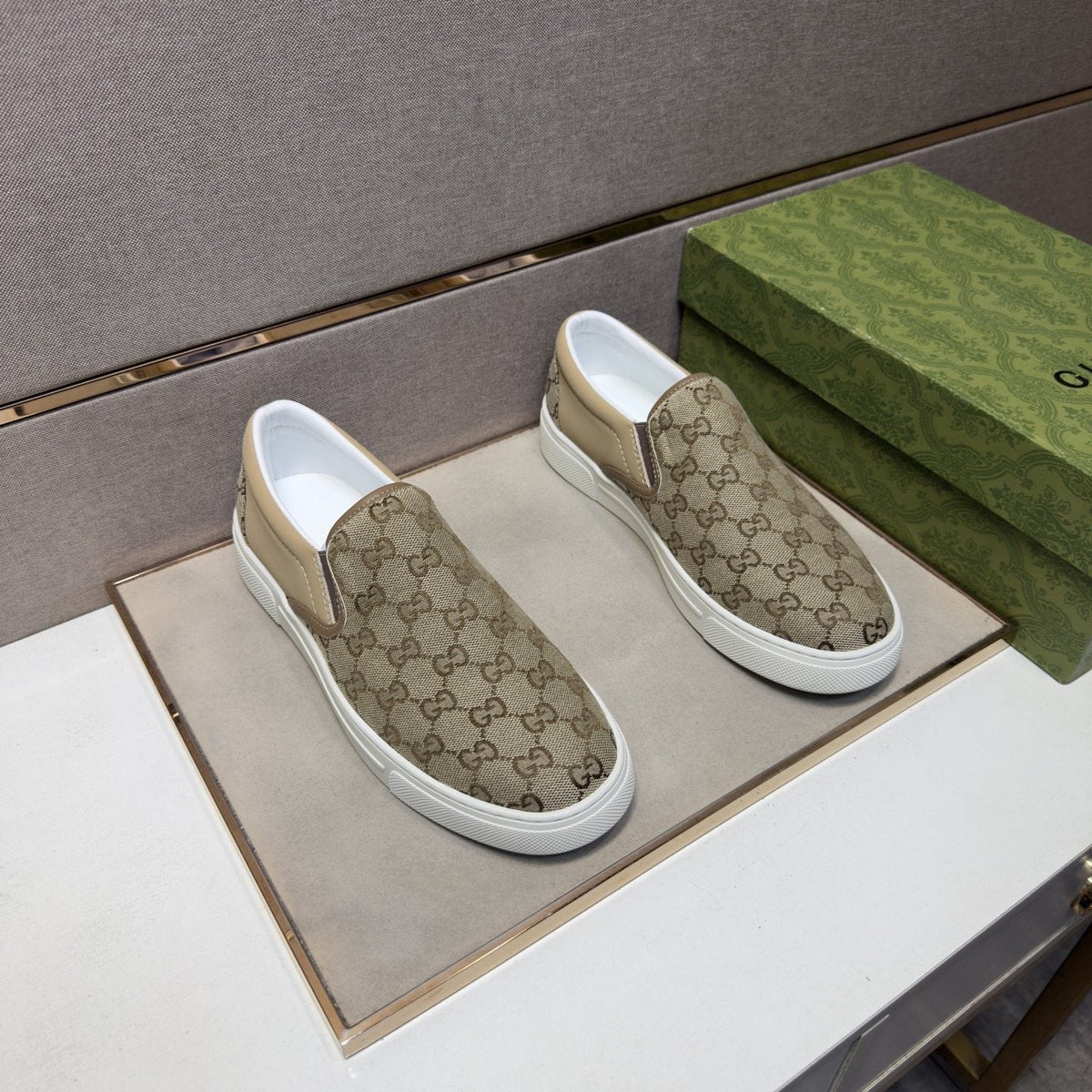 Men's Beige Patterned Slip-On Sneakers — hero