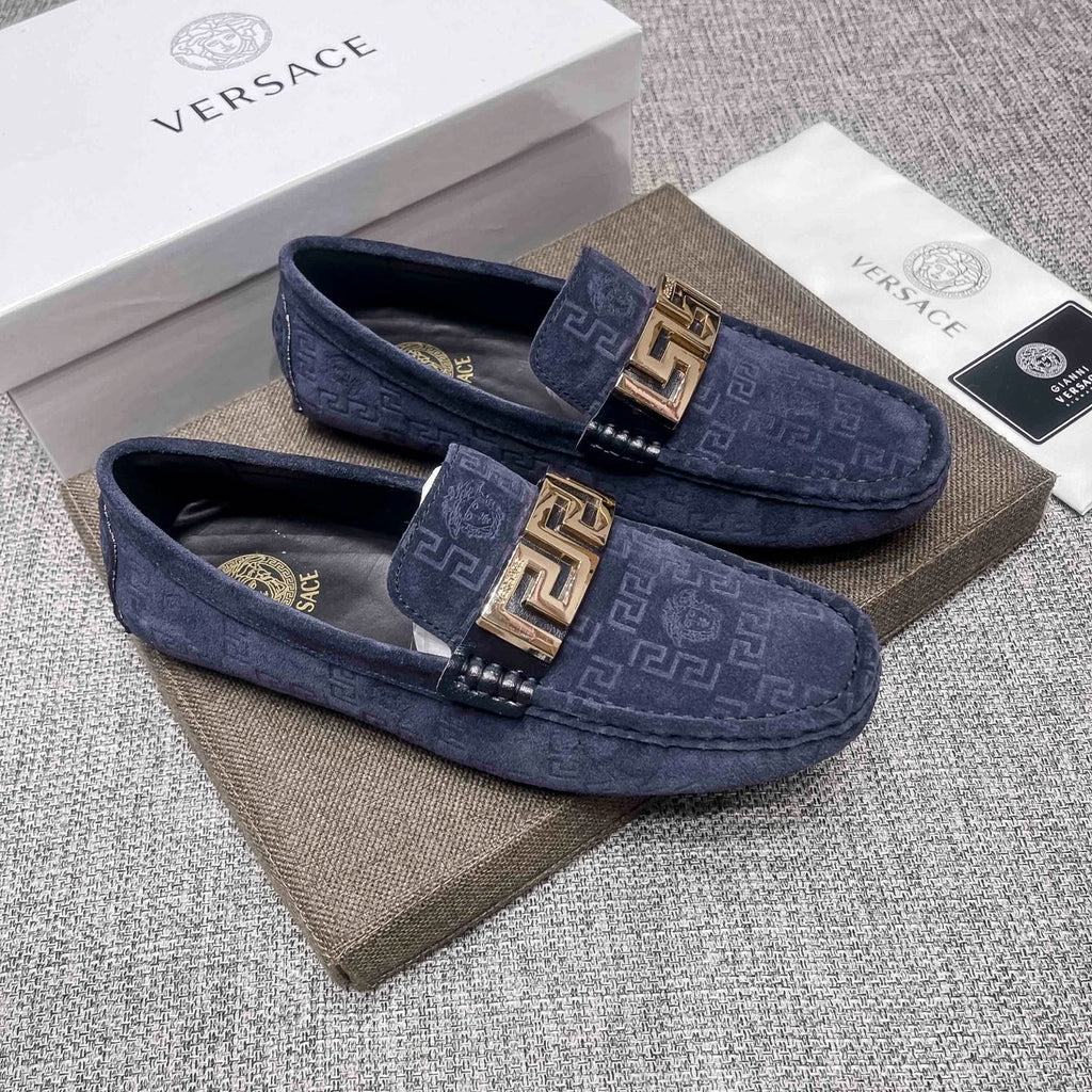 Versace Navy Blue Patterned Loafers — hero