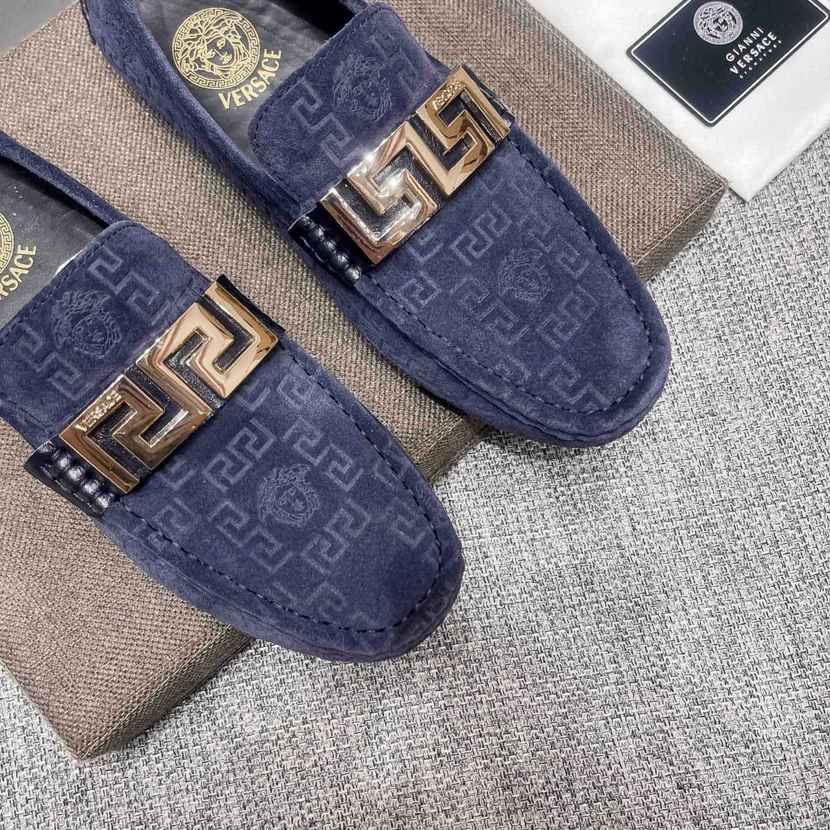 Versace Navy Blue Patterned Loafers — front