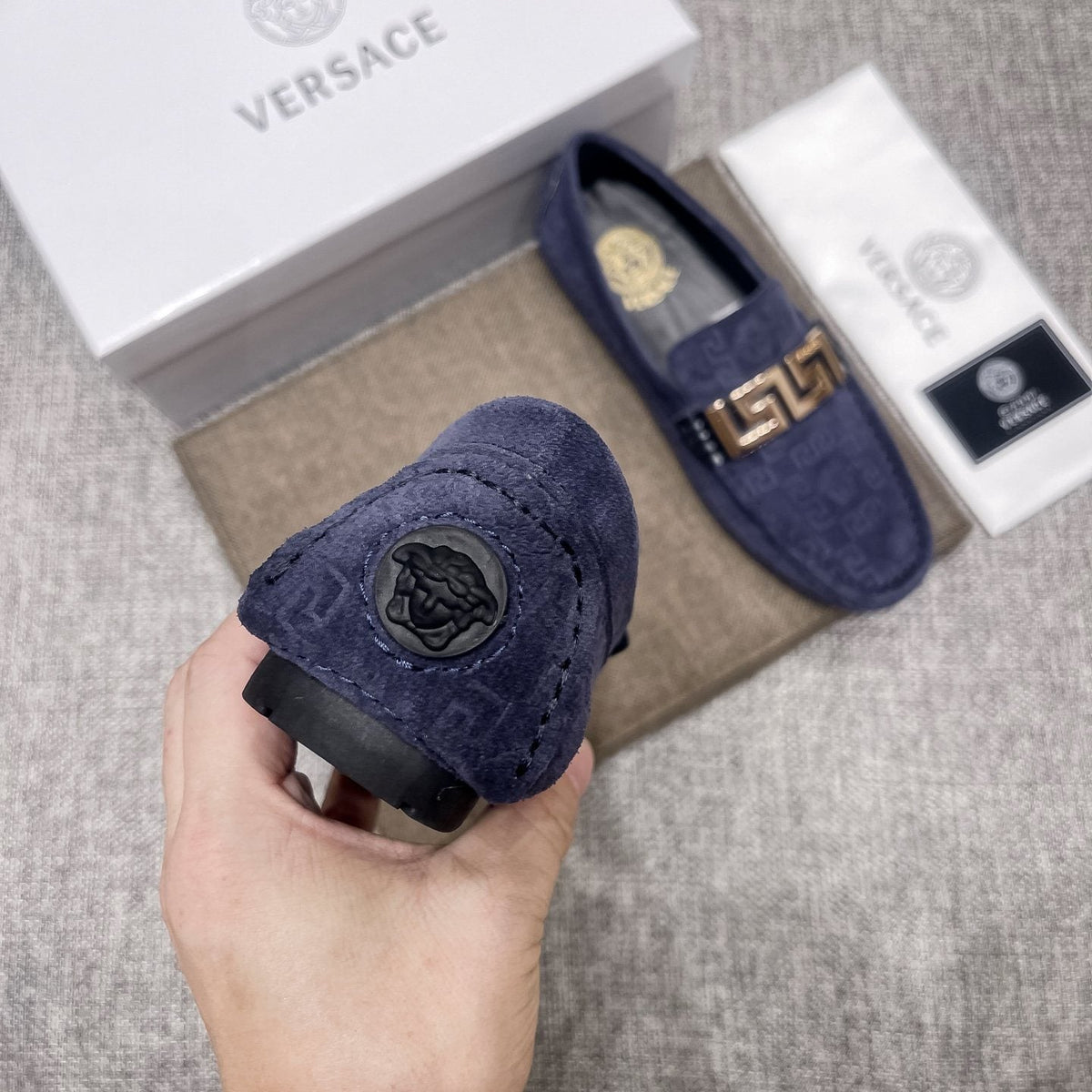 Versace Navy Blue Patterned Loafers — detail