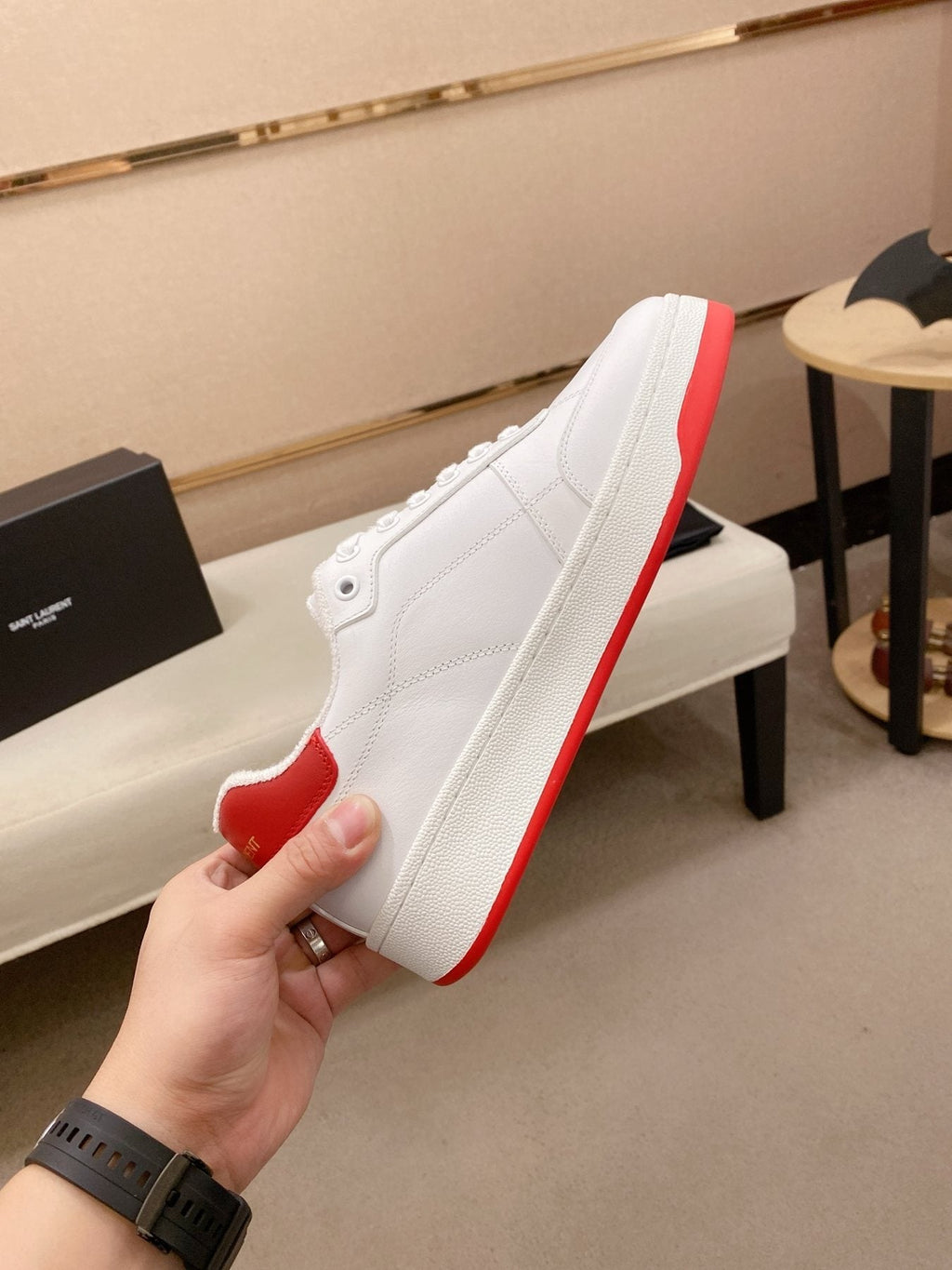 Saint Laurent White Red Perforated Low-Top Sneakers — side