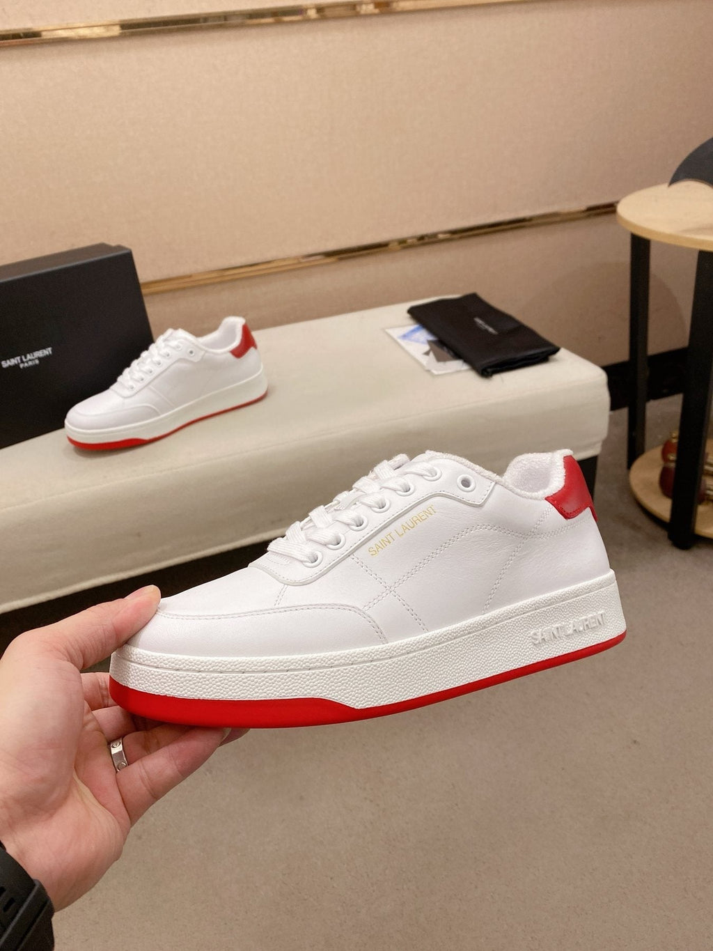 Saint Laurent White Red Perforated Low-Top Sneakers — side