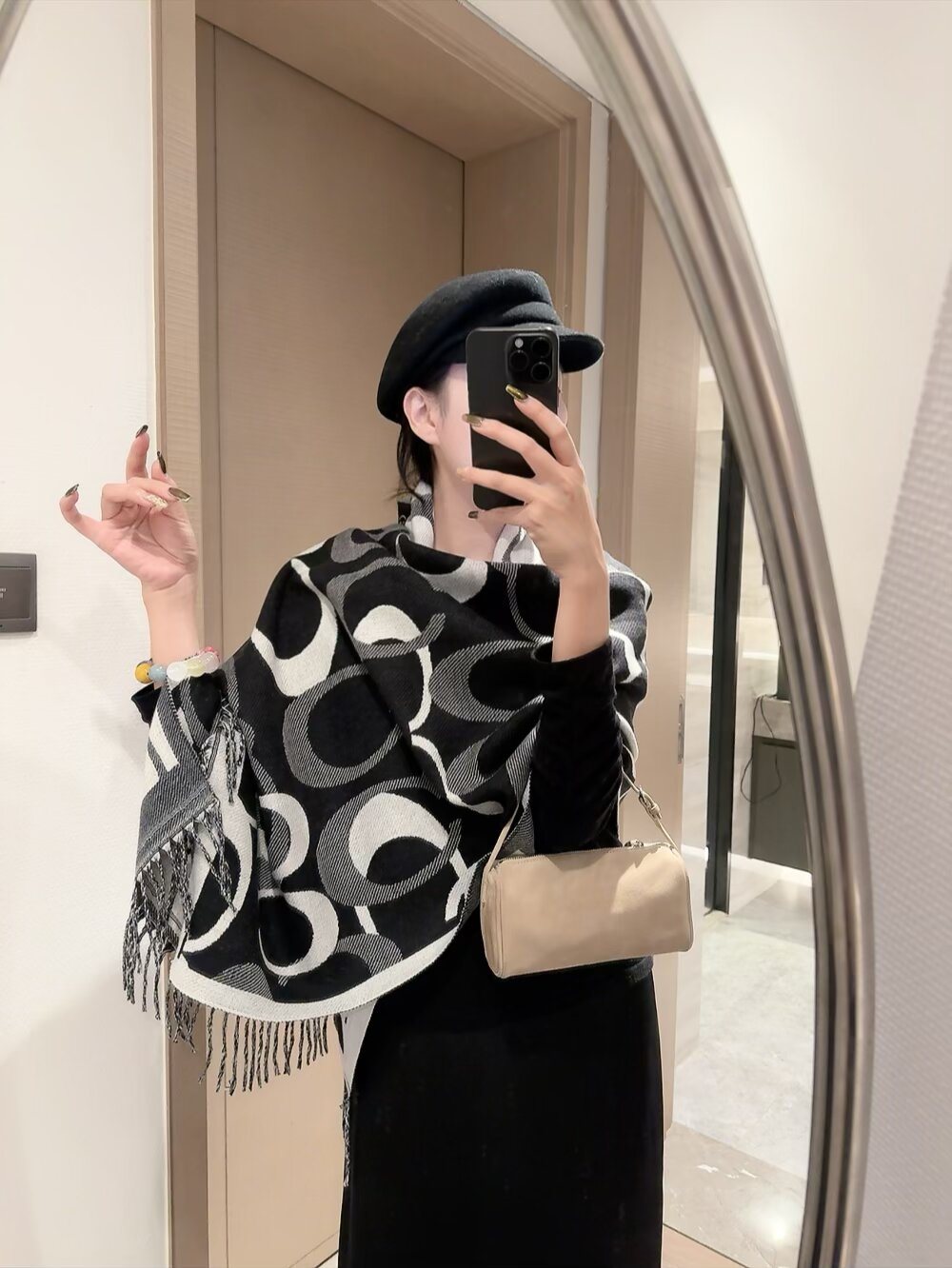 Coach Linked-Letter Fringe Scarf — model