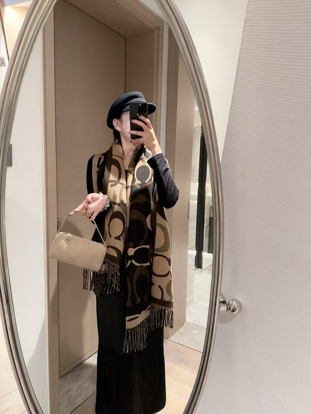 Coach Linked-Letter Fringe Scarf — model