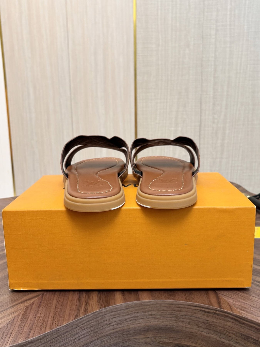 Louis Vuitton Tan Monogram Slide Sandals — back