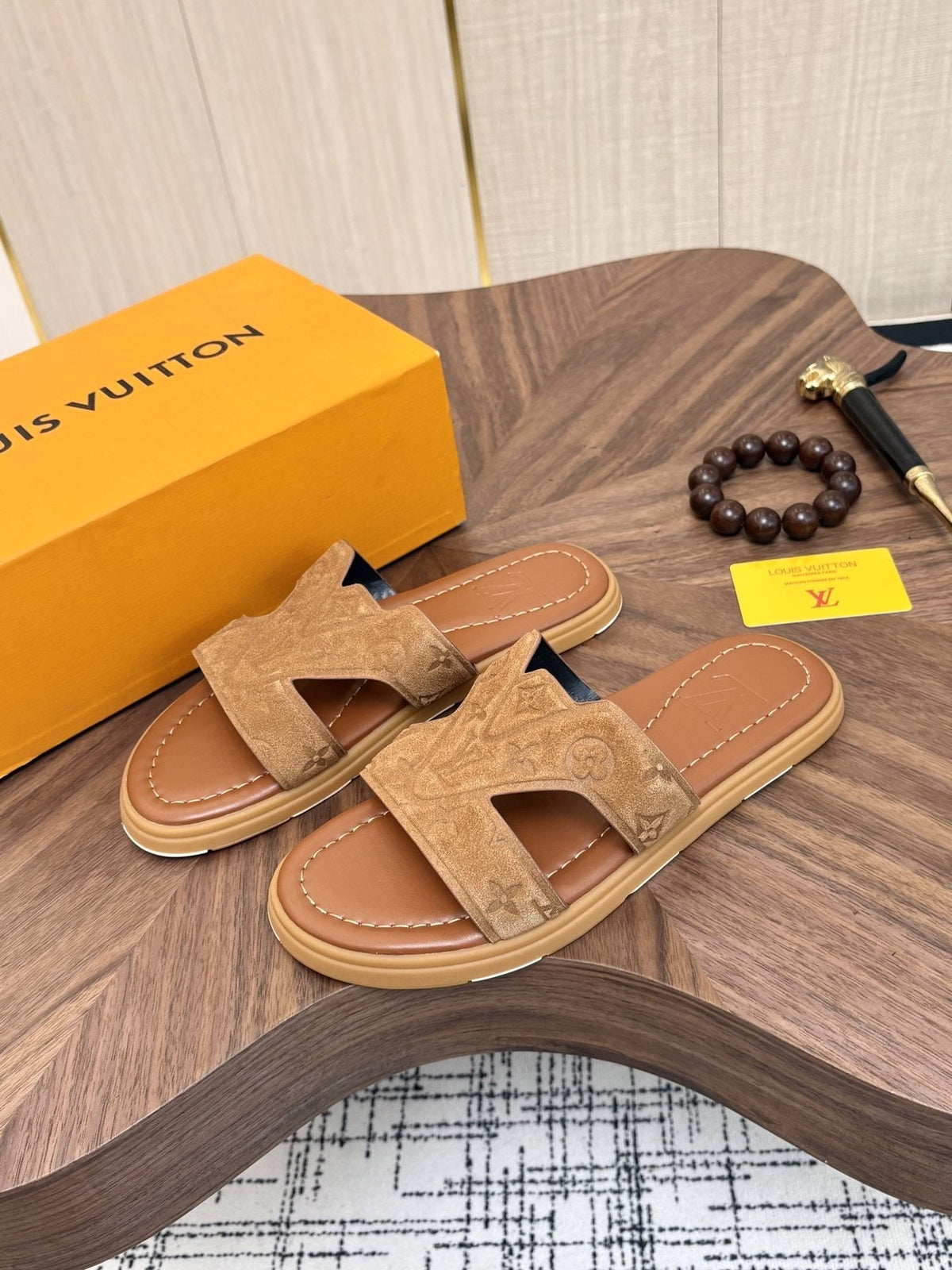 Louis Vuitton Tan Monogram Slide Sandals — front