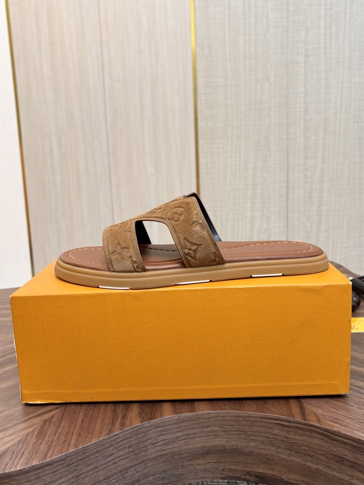 Louis Vuitton Tan Monogram Slide Sandals — side