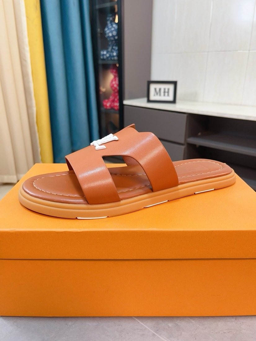 Louis Vuitton Tan-Orange Interwoven Slide Sandals — hero