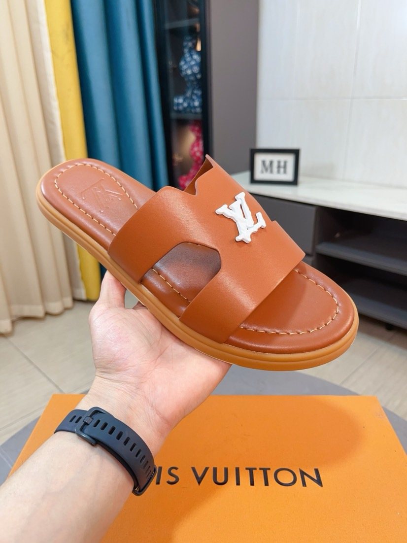 Louis Vuitton Tan-Orange Interwoven Slide Sandals — front