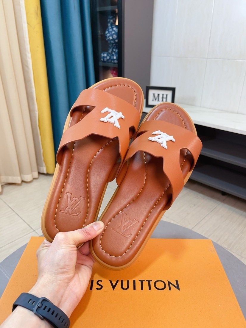 Louis Vuitton Tan-Orange Interwoven Slide Sandals — front