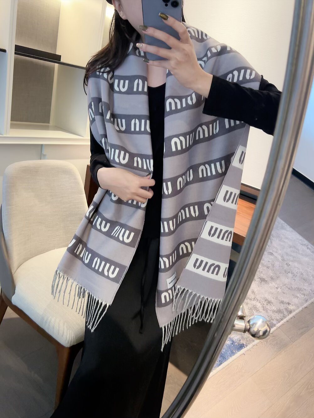 Miu Miu Patterned Fringed Scarf — model