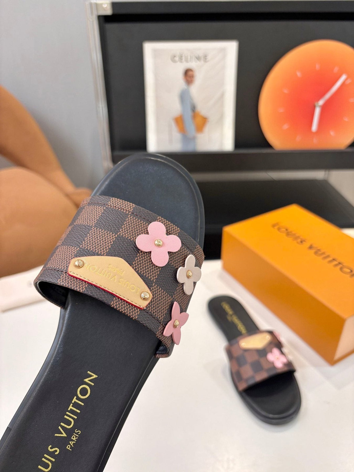 Louis Vuitton Floral Checkered Slide Sandals — front