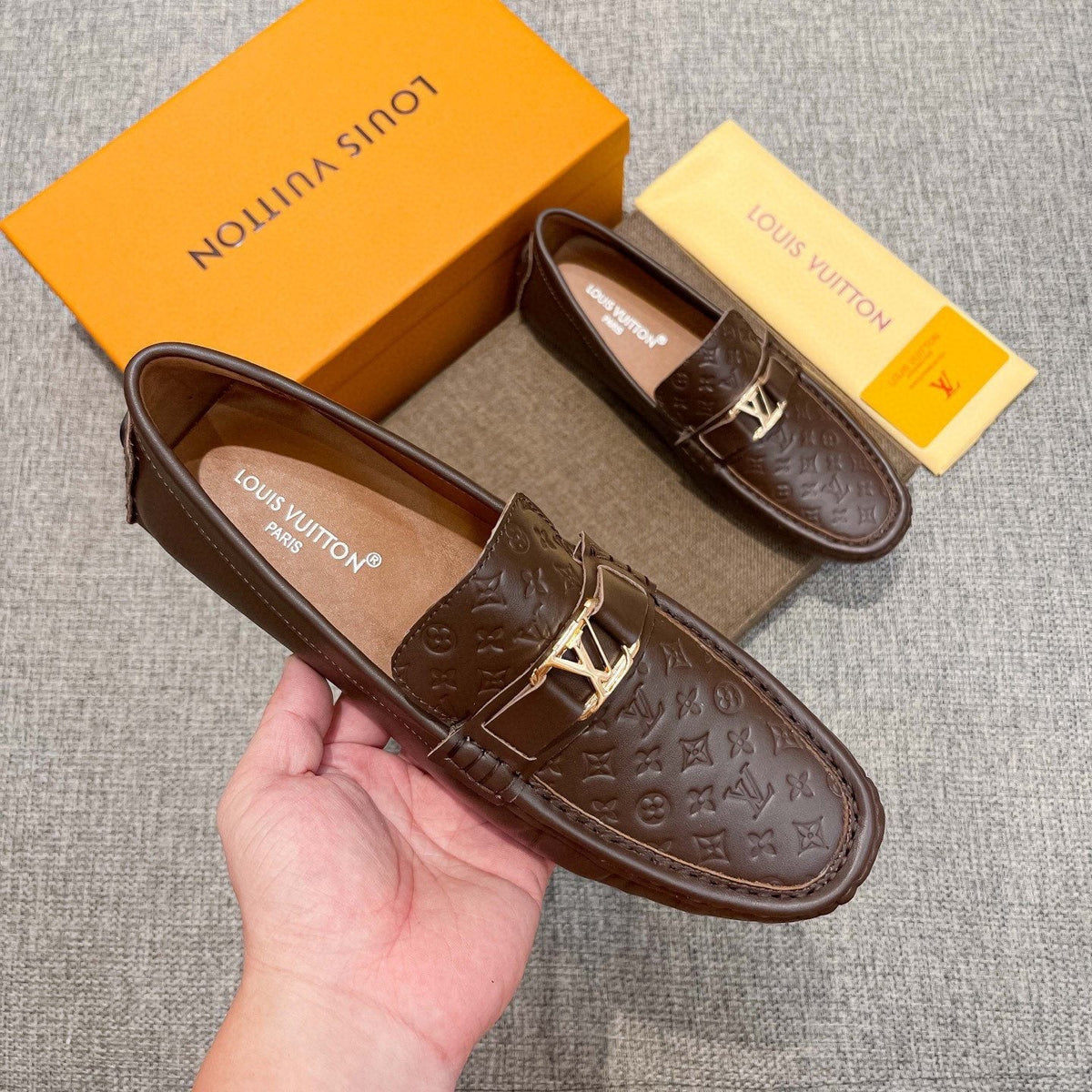 Louis Vuitton Brown Embossed Hardware Loafers — side