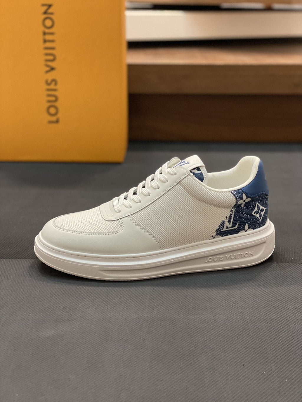 Louis Vuitton White and Blue Low-Top Sneakers — side