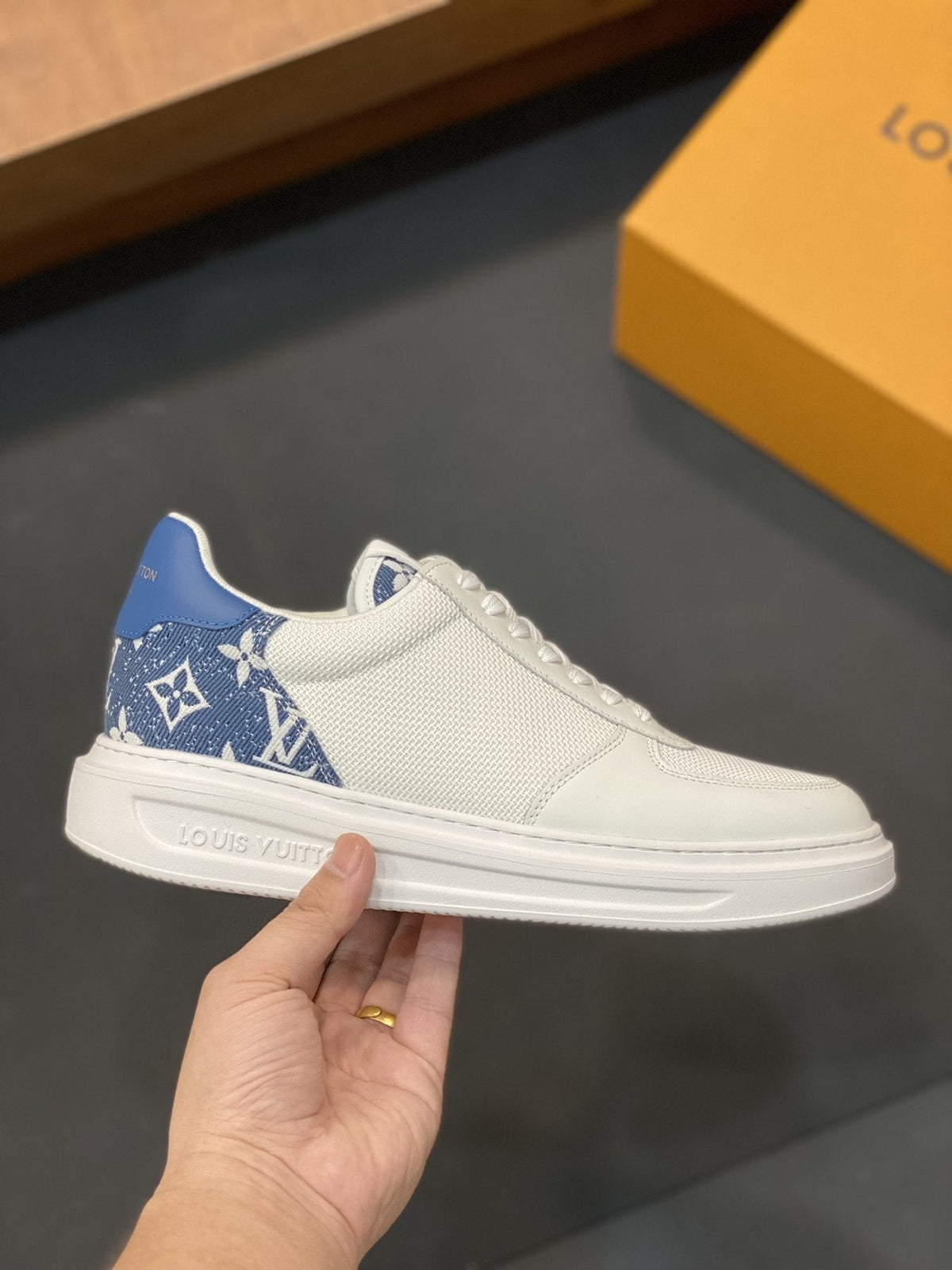 Louis Vuitton White and Blue Low-Top Sneakers — side