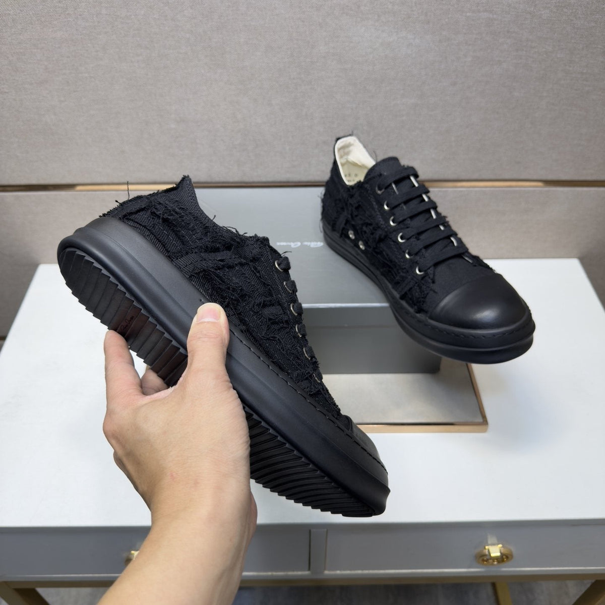 Rick Owens Black Low-Top Sneakers — detail
