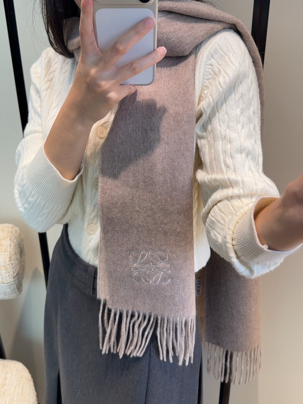 Loewe Taupe Gray and Light Beige Fringed Scarf — model
