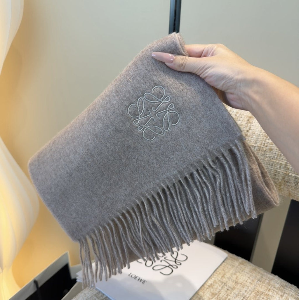 Loewe Taupe Gray and Light Beige Fringed Scarf — front