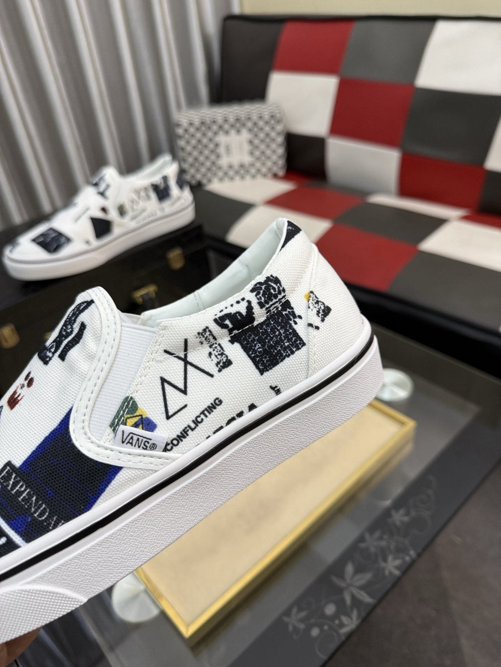 White Graphic Print Slip-On Shoes — side
