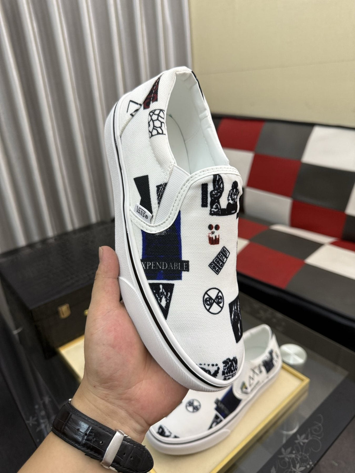 White Graphic Print Slip-On Shoes — side