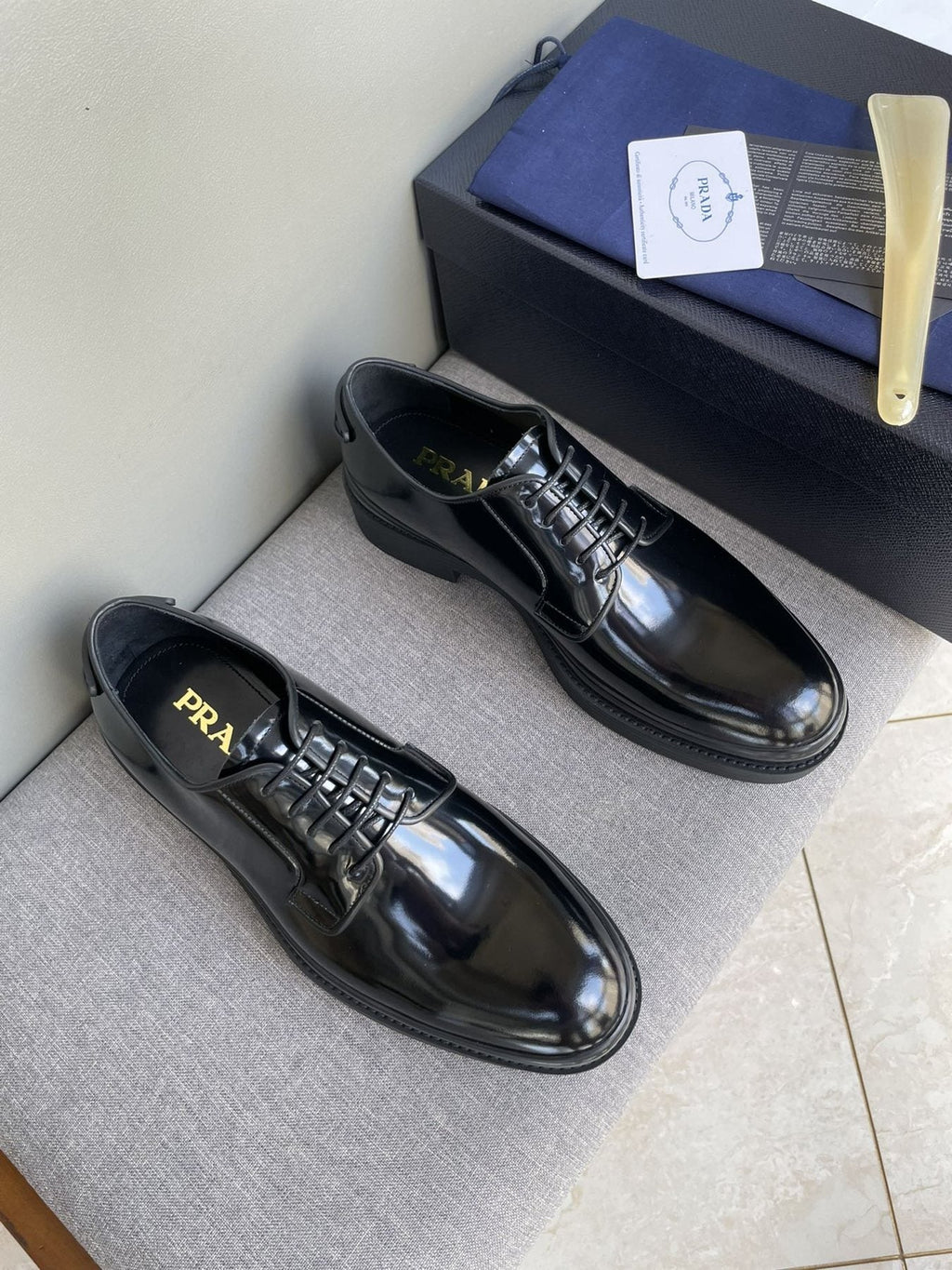 Prada Black Glossy Oxford Shoes — front