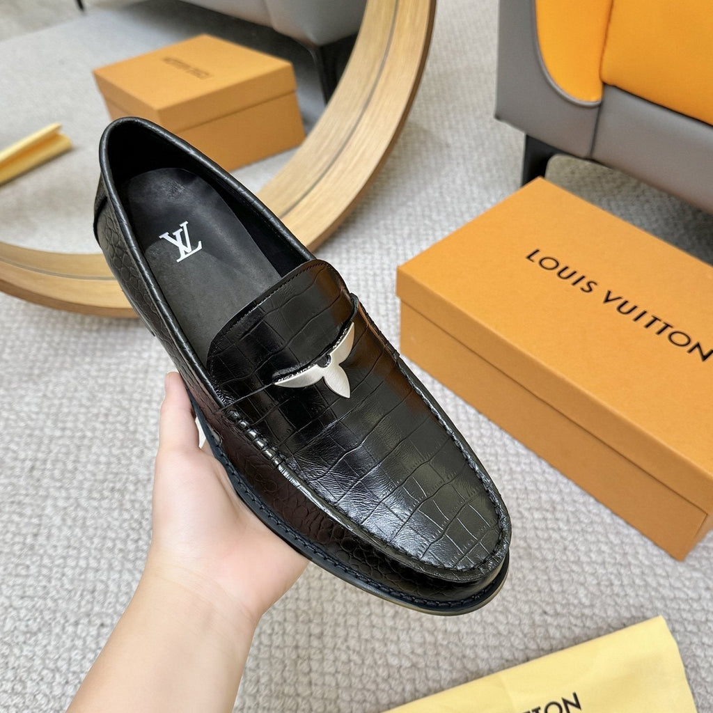 Louis Vuitton Black Embossed Leather Loafers — model