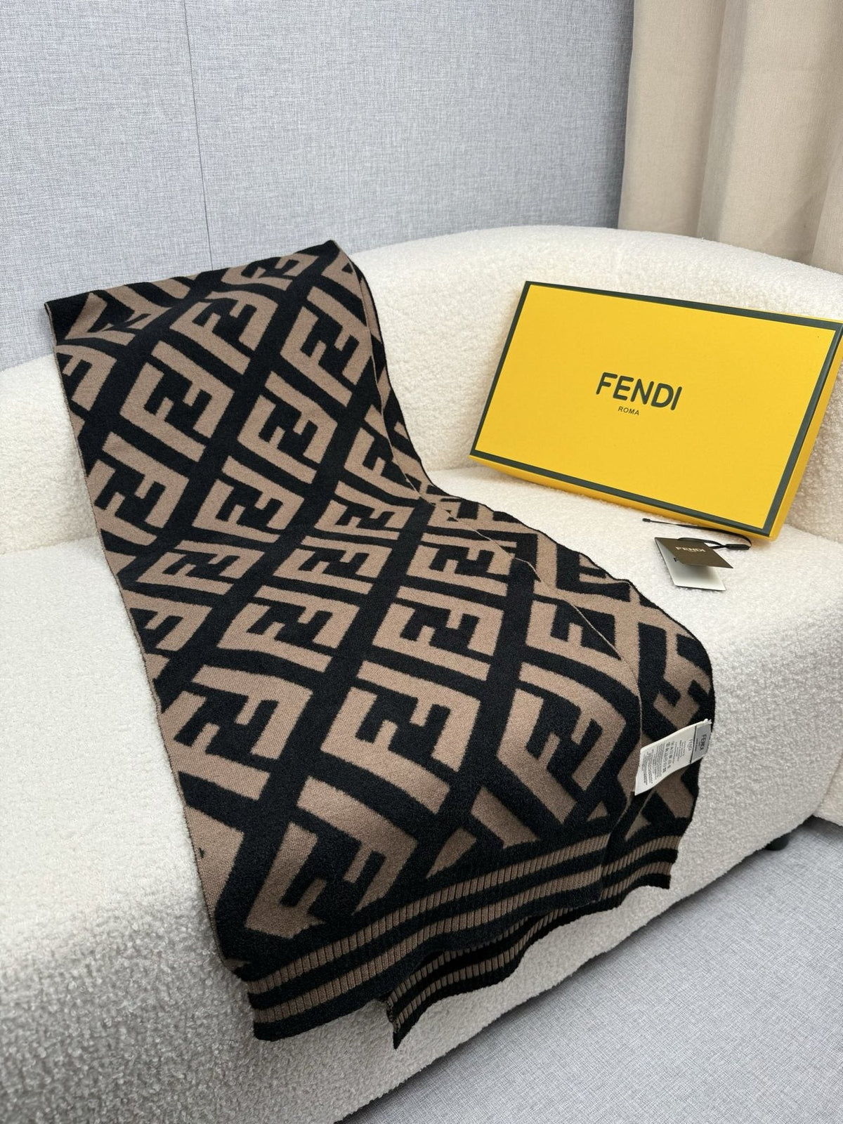 Fendi Black and Tan Monogram Knit Scarf — side