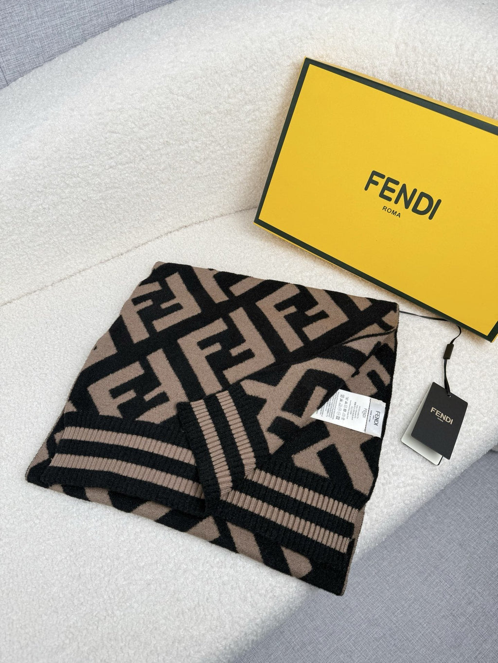 Fendi Brown and Black Geometric Knit Scarf — hero