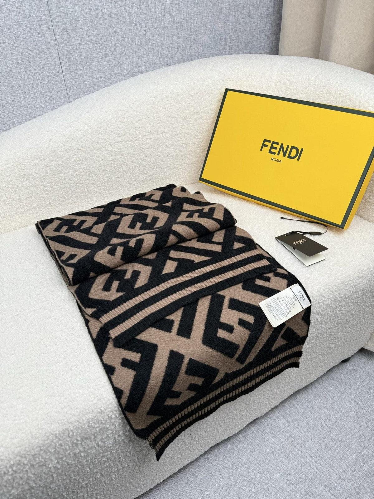 Fendi Black and Tan Monogram Knit Scarf — side